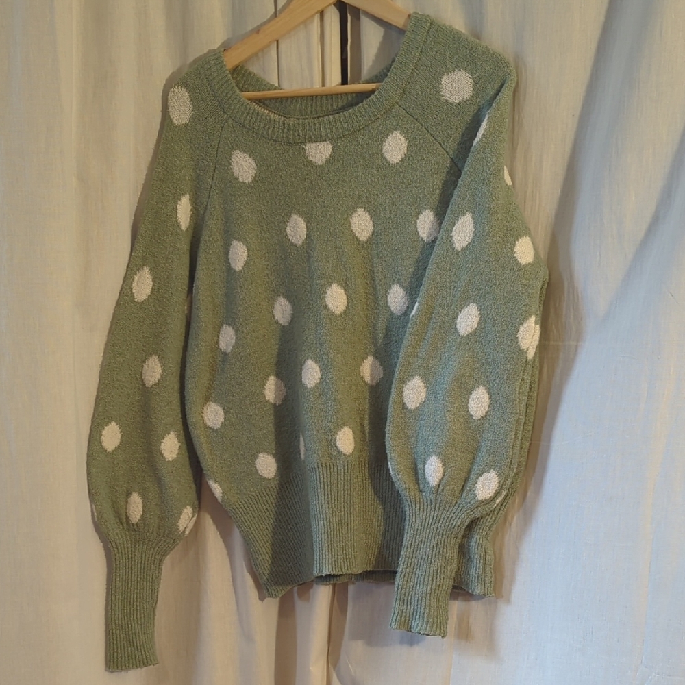LC Lauren Conrad Green and White Polka Dot Crew Neck Sweater